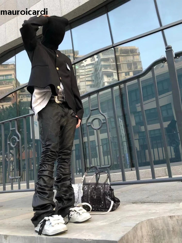 Mauroicardi Spring Autumn Long Fitted Skinny Matte Black Pu Leather Ruched Stacked Pants Men Luxury Designer Clothing Trousers
