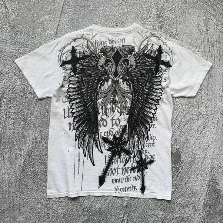 XZAVIER Gothic Rock T-Shirt Vintage Weathered Text Design Streetwear Loose Fit Cotton Unisex Tee mysticism couple clother