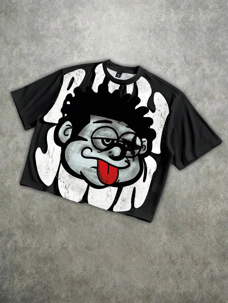 Roghcode Men's Street Loose Distressed Quirky Oversized Graphic Print Short T-Shirt Men's Cropped
