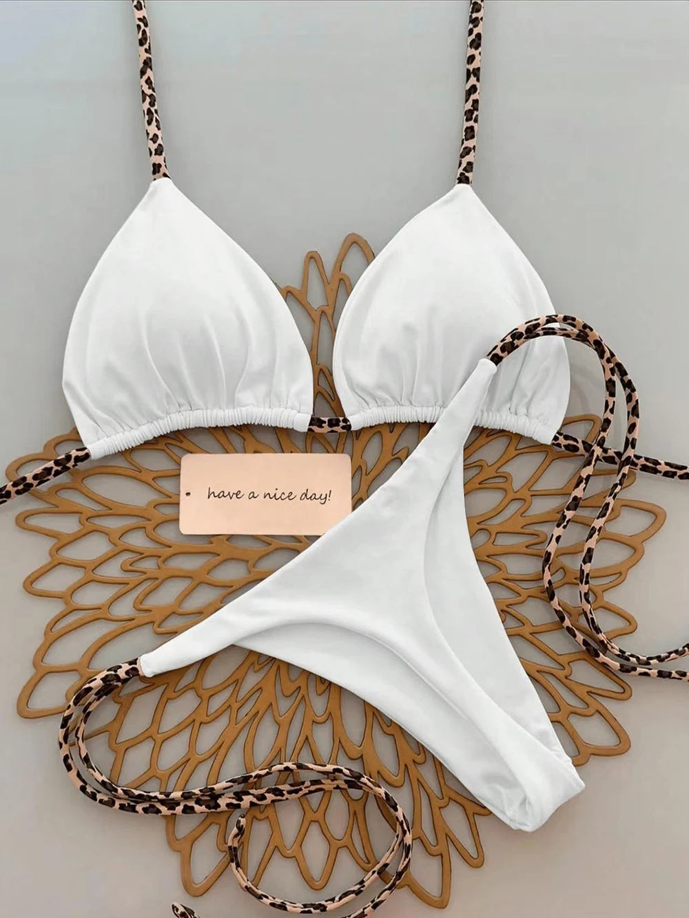 Women's Sexy Solid Halter Bikini Set Lace-Up Low Waist Two-Piece Triangle Thong Swimwear Leopard Tie On Side Brazilian Biquinis