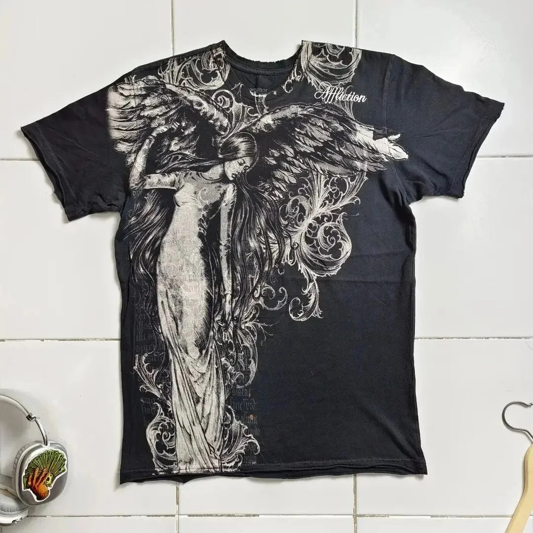 Y2K Affliction Vintage Grunge Graphic T Shirt Mens Gothic Couple Matching Tops Oversized Cotton Tee Streetwear Summer