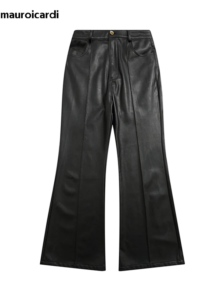 Mauroicardi Spring Autumn Cool Long Black Soft Pu Leather Flare Pants for Men High Waist American Retro Hippie Clothes 20023