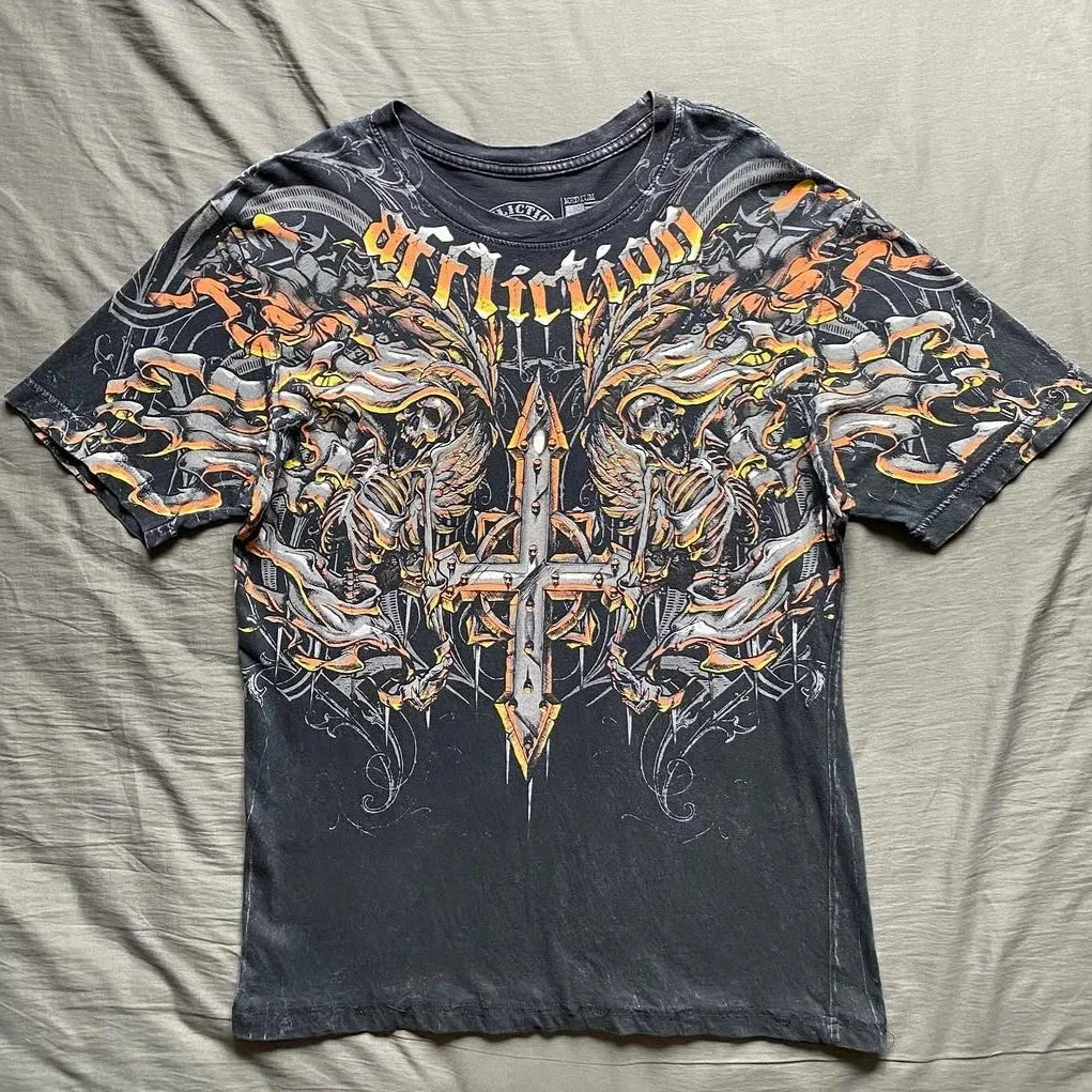 New Y2K Punk Sword Fantasy T Shirt Dark Gothic Digital Print Studs Unisex Breathable Cotton Summer Tee Rebellious Streetwear