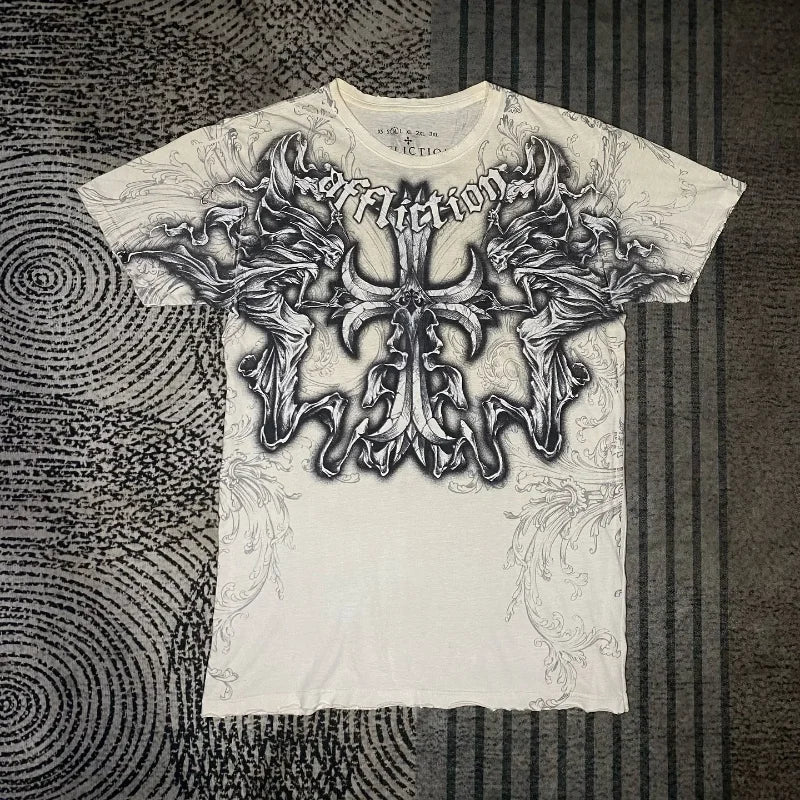 Y2K Red Affliction Cross Logo T Shirt Harajuku Skateboard Street Style Short Sleeves Gothic Summer Round Neck Couple Shirt