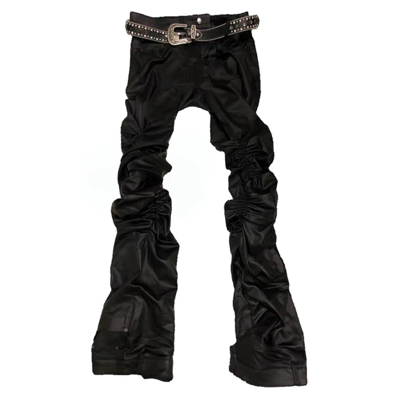 Mauroicardi Spring Autumn Long Fitted Skinny Matte Black Pu Leather Ruched Stacked Pants Men Luxury Designer Clothing Trousers