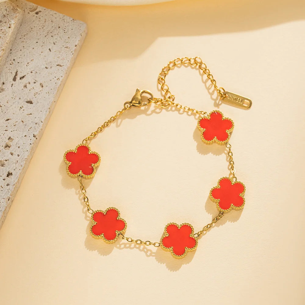 Mussel Five-Leaf Plum Blossom Stainless Steel Women's Exquisite Chain Bracelet, 18k Gold Plated, Light Luxury, Lucky Jewelry