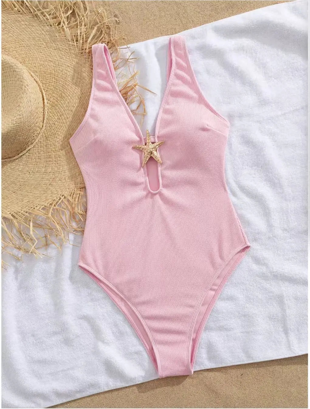 Pink One Piece Swimsuit 2026 Women Metal Starfish Ornament Hollow Out V Neck Tummy Control Swimwear Beach Bathing Suit Monokini