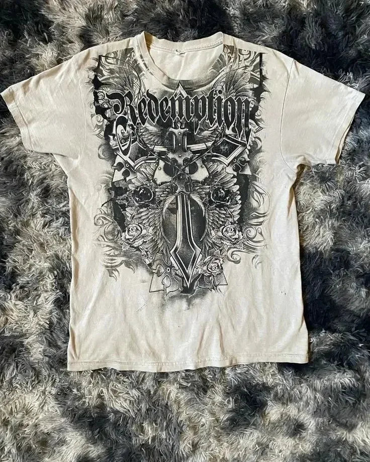 XZAVIER Gothic Rock T-Shirt Vintage Weathered Text Design Streetwear Loose Fit Cotton Unisex Tee mysticism couple clother