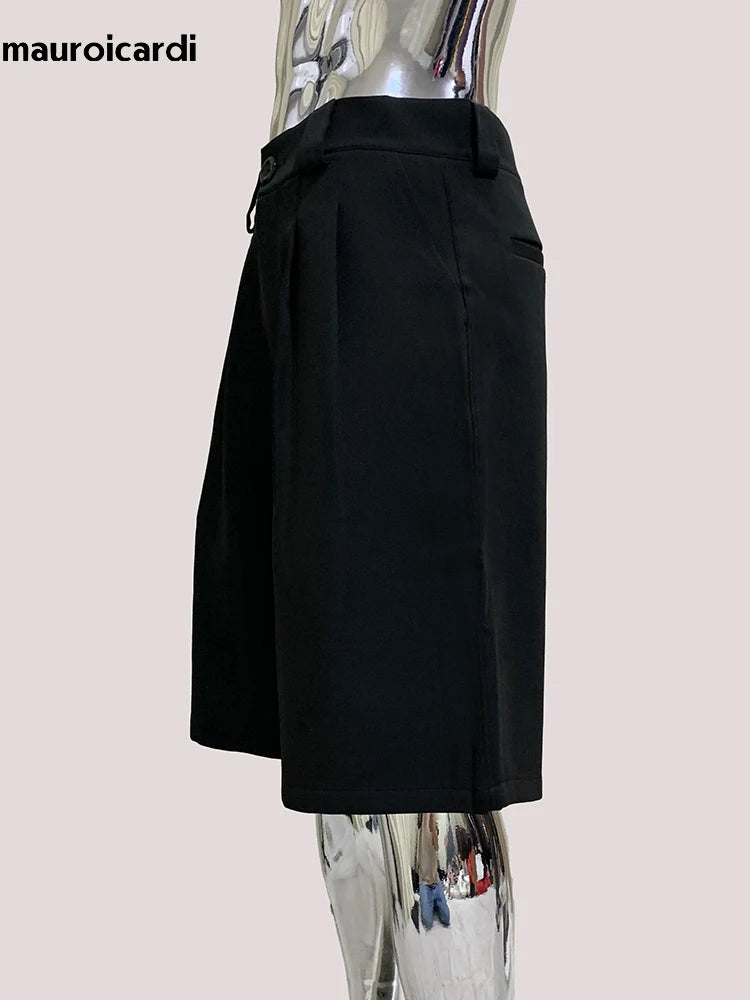 Mauroicardi Spring Summer Casual Soft Black Shorts for Men High Waist Knee Length Straight Pants Korean Fashion Clothes 2025