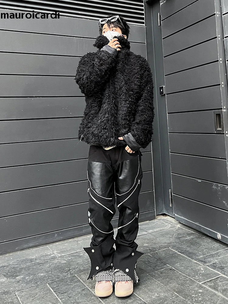 Mauroicardi Spring Autumn Long Black Patchwork Pu Leather Pants Men with Many Zippers Luxury Designer Clothing Trousers Fashions